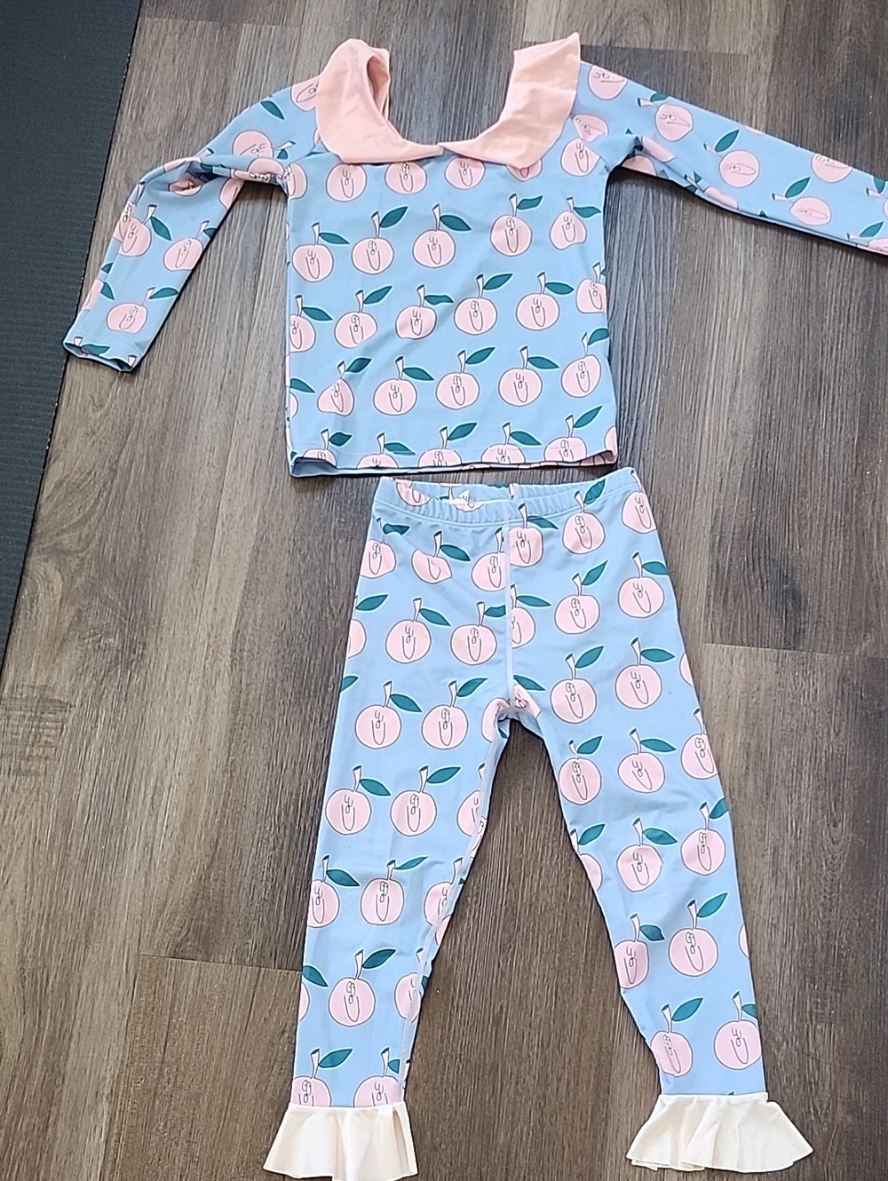 Girls Blue Peach Print Ruffle Swim Active Set